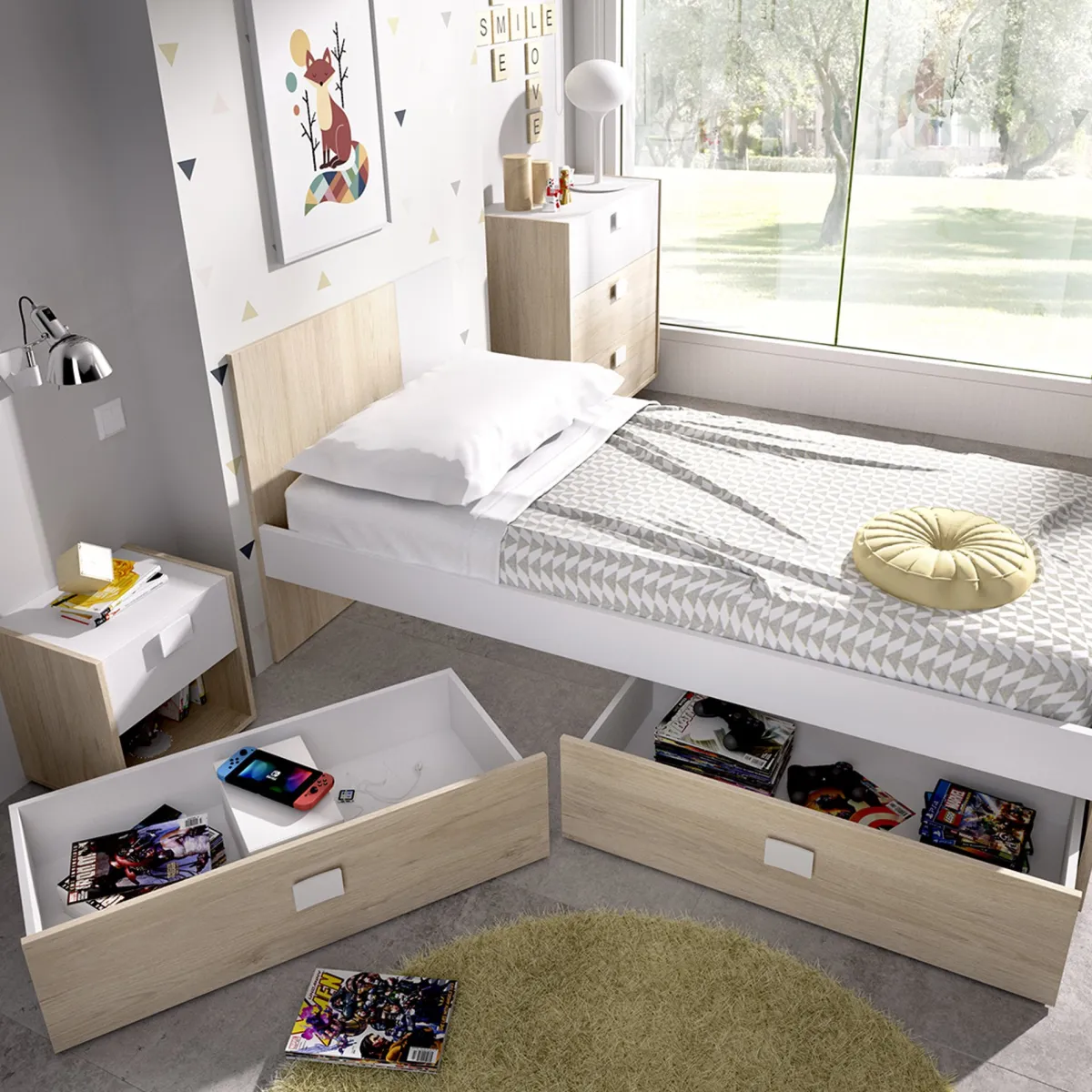 Composizioni Camera Da Letto > Dmora Set Camera da Letto Bianco Marrone Rovere Appendiabiti 6 Cassetti, 6 Ripiani - Redwood Marrone Rovere, Bianco