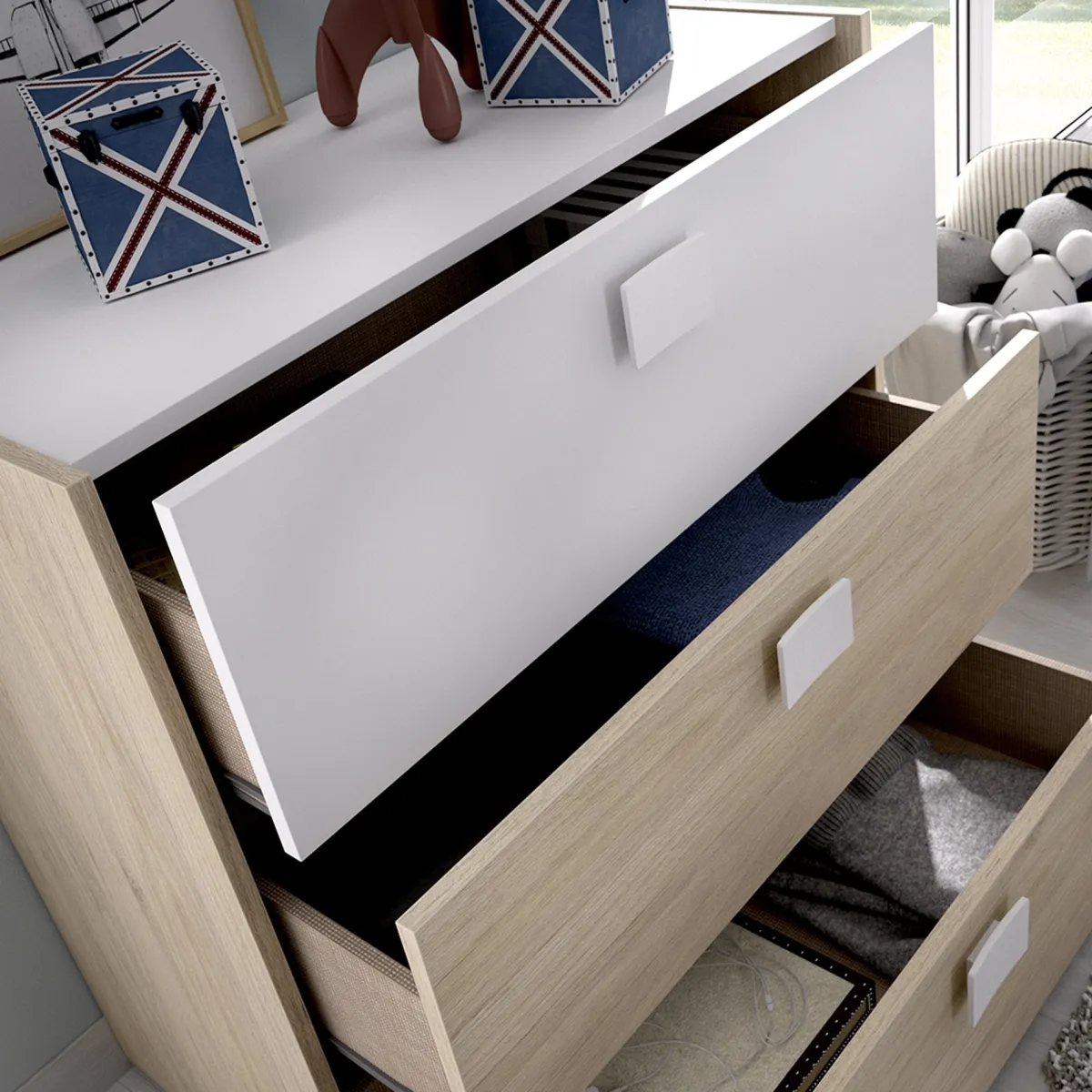 Composizioni Camera Da Letto > Dmora Set Camera da Letto Marrone Rovere Bianco 4 Cassetti 2 Ripiani, Ante - Oakhurst Bianco, Marrone Rovere