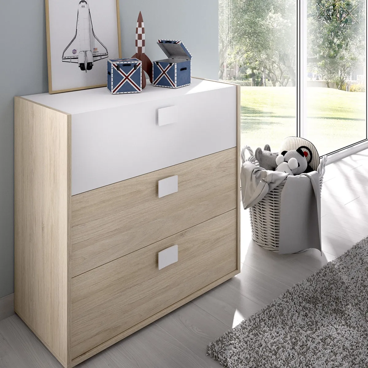 Composizioni Camera Da Letto > Dmora Set Camera da Letto Marrone Rovere Bianco 4 Cassetti 2 Ripiani, Ante - Oakhurst Bianco, Marrone Rovere