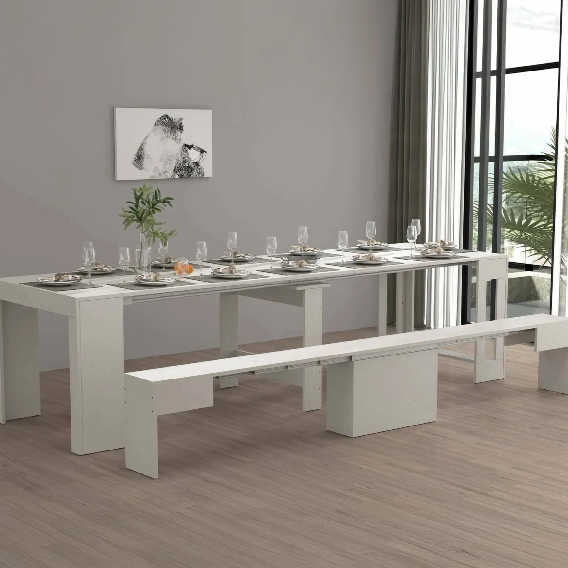 Set Tavolo E Sedie|Cucina > Dmora Set consolle allungabile 12 posti e 1 panca allungabile - Badesi Bianco Lucido
