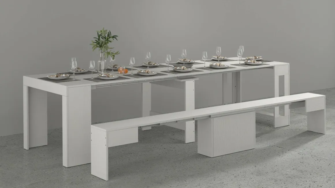 Set Tavolo E Sedie|Cucina > Dmora Set consolle allungabile 12 posti e 1 panca allungabile - Badesi Bianco Lucido