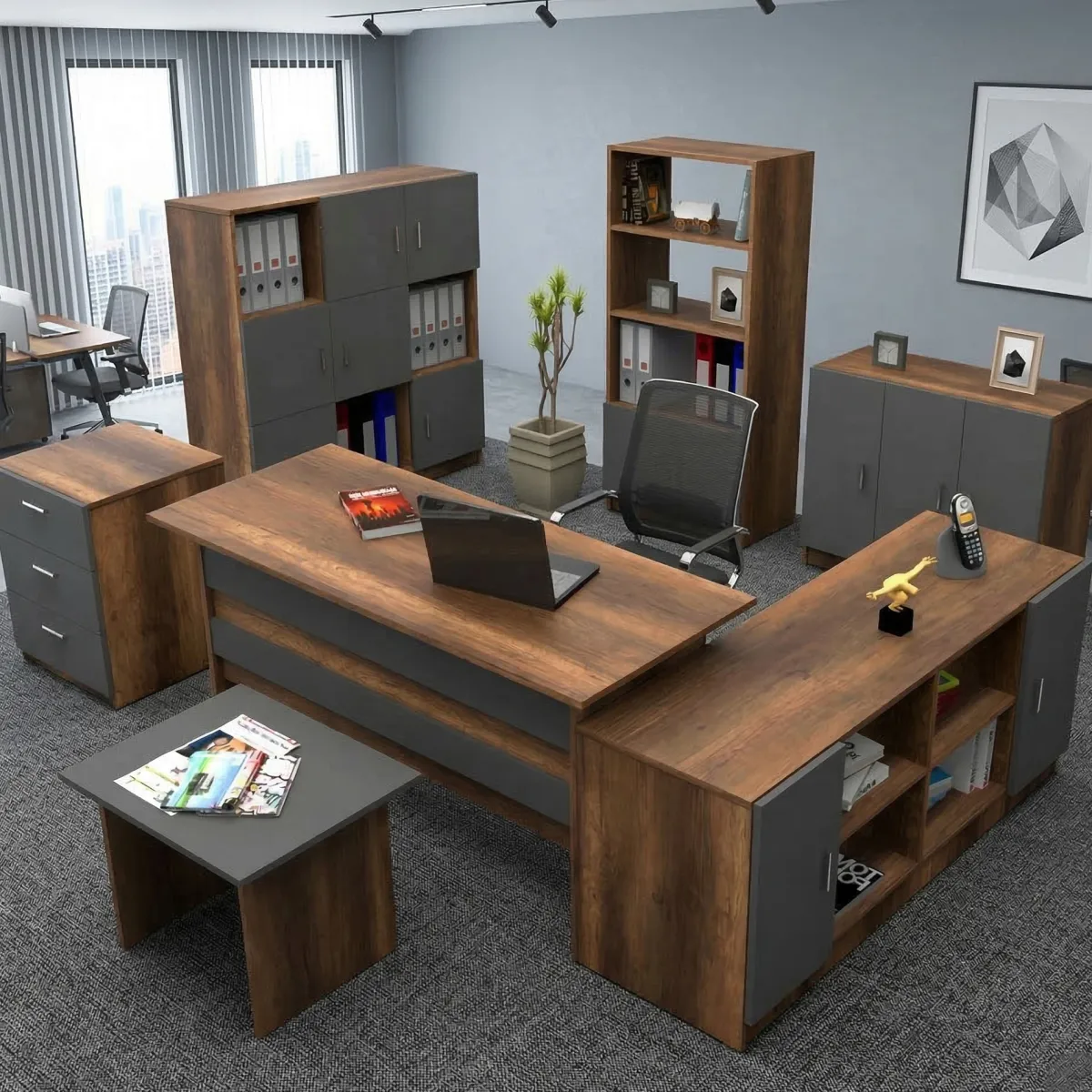 Set Da Ufficio > Dmora Set da Ufficio Marrone Noce Nero Antracite 18 Ripiani Modulabile, Angolare - Capralba Nero Antracite, Marrone Noce