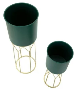 Oggettistica|Vasi > Dmora Set di 2 portavasi Parano, 23x23 h70 cm, Verde e Oro Oro, Verde