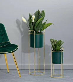 Set di 2 portavasi Rangone, 24x24 h70 cm, Verde e Oro