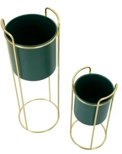 Set di 2 portavasi Rangone, 24x24 h70 cm, Verde e Oro