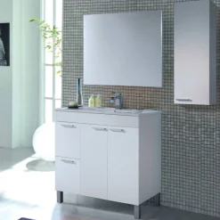 Set Mobili Bagno Bianco Lucido Specchio Incluso 2 Cassetti, 2 Ripiani - Paderna
