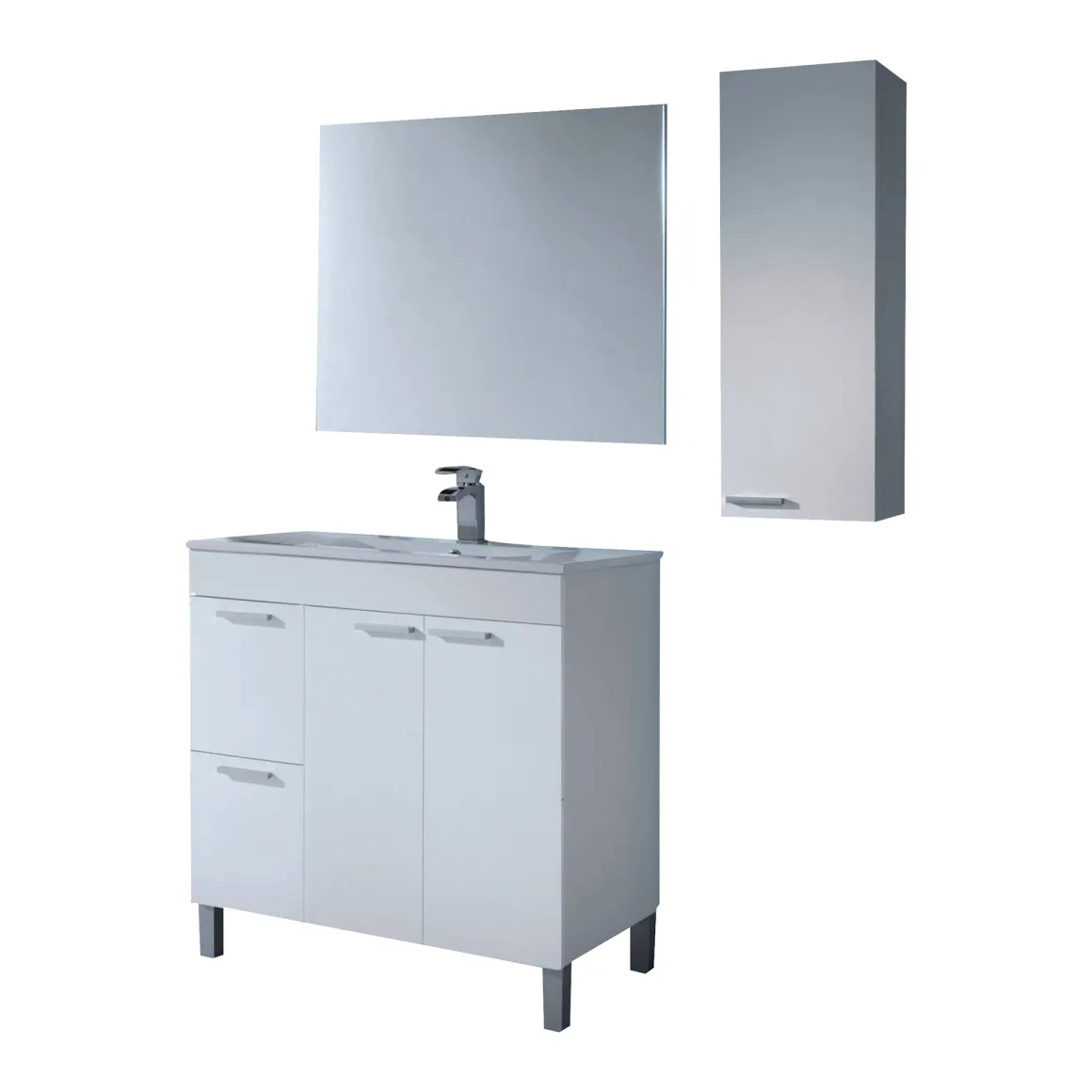 Set Mobili Bagno Bianco Lucido Specchio Incluso 2 Cassetti, 2 Ripiani - Paderna