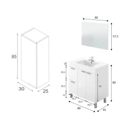 Set Mobili Bagno Bianco Lucido Specchio Incluso 2 Cassetti, 2 Ripiani - Paderna