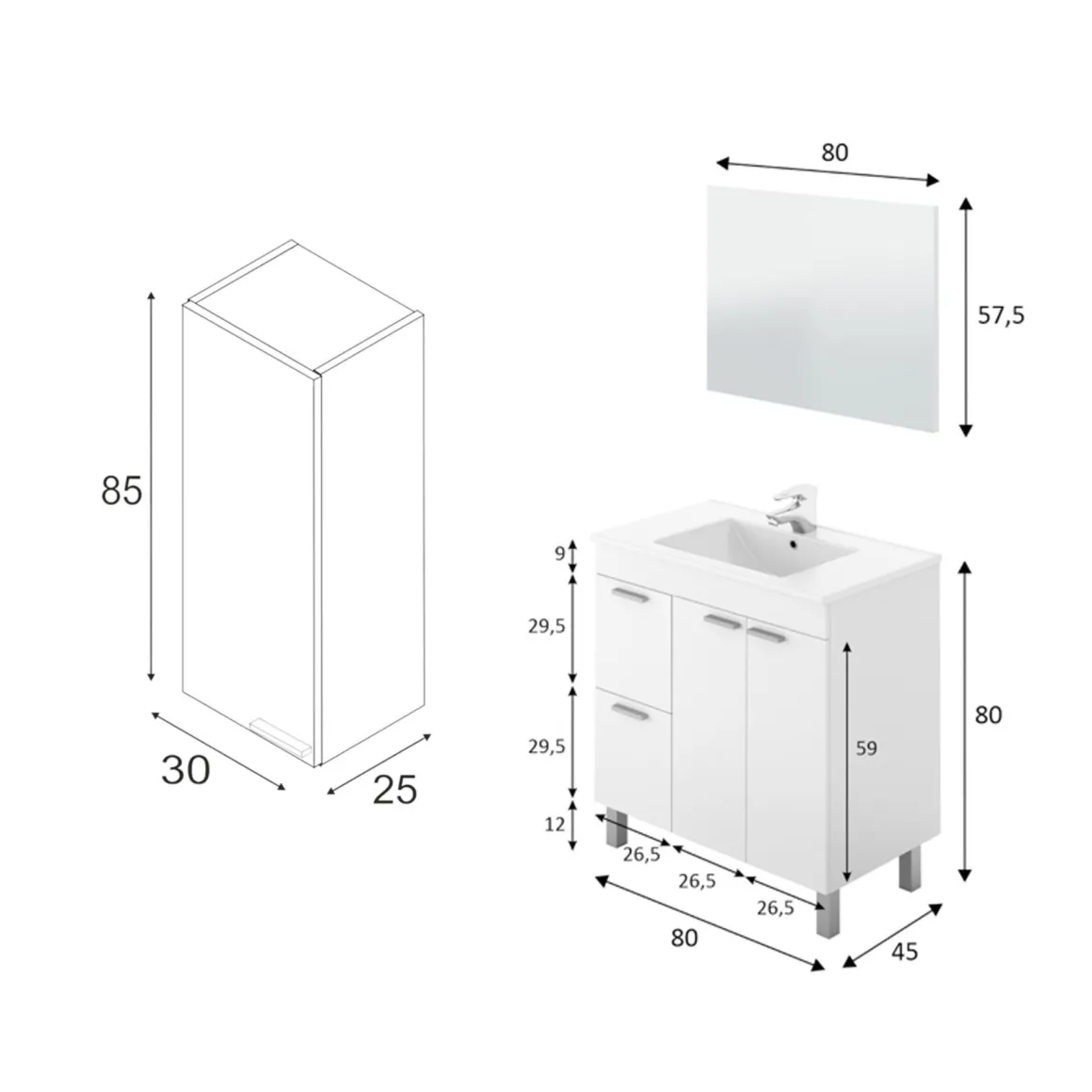Set Mobili Bagno Bianco Lucido Specchio Incluso 2 Cassetti, 2 Ripiani - Paderna