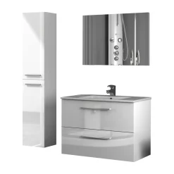 Set Mobili Bagno Bianco Lucido Specchio Incluso 2 Cassetti, 2 Ripiani - Ricadi