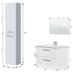 Set Mobili Bagno Bianco Lucido Specchio Incluso 2 Cassetti, 2 Ripiani - Ricadi