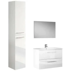 Set Mobili Bagno Bianco Lucido Specchio Incluso 2 Cassetti, 2 Ripiani - Ricadi