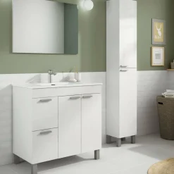 Set Mobili Bagno Bianco Lucido Specchio Incluso 2 Cassetti, 3 Ripiani - Liona