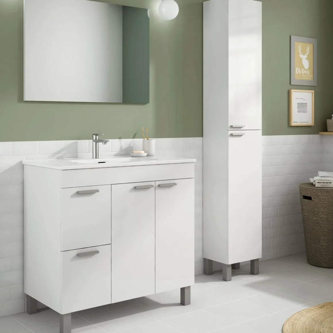 Set Mobili Bagno Bianco Lucido Specchio Incluso 2 Cassetti, 3 Ripiani - Liona