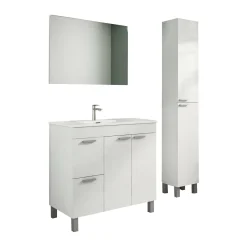 Set Mobili Bagno Bianco Lucido Specchio Incluso 2 Cassetti, 3 Ripiani - Liona