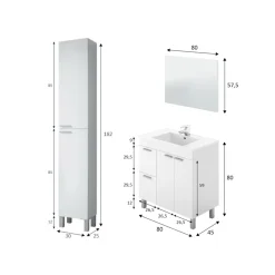 Set Mobili Bagno Bianco Lucido Specchio Incluso 2 Cassetti, 3 Ripiani - Liona