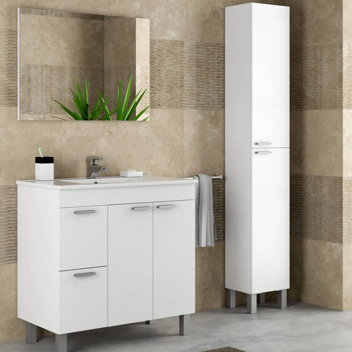 Set Mobili Bagno Bianco Lucido Specchio Incluso 2 Cassetti, 3 Ripiani - Liona