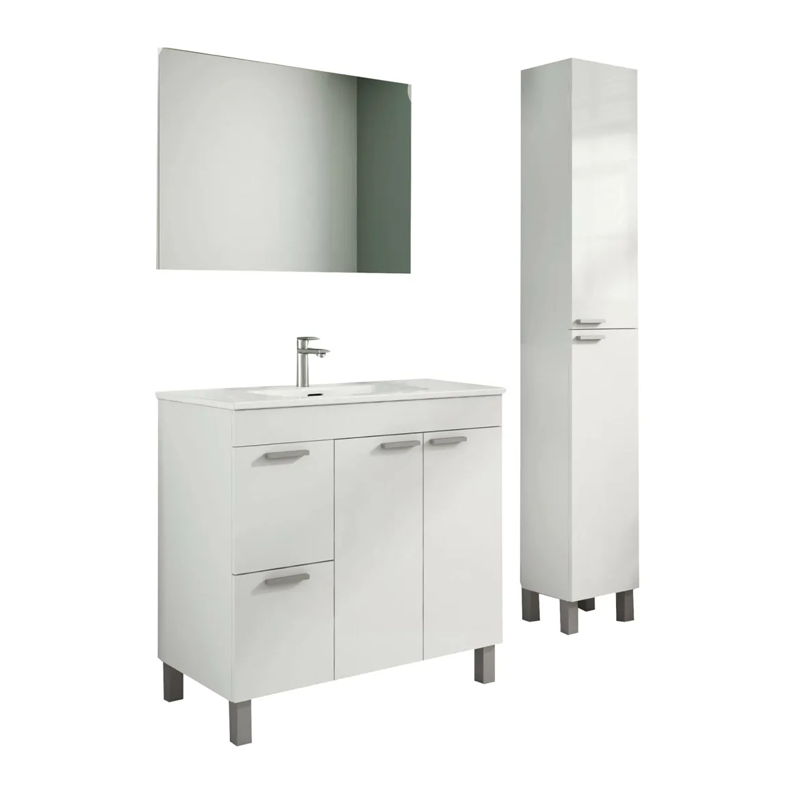 Set Mobili Bagno Bianco Lucido Specchio Incluso 2 Cassetti, 3 Ripiani - Liona