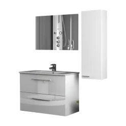 Set Mobili Bagno Bianco Lucido Specchio Incluso 2 Cassetti, un Ripiano - Possagno