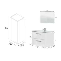 Set Mobili Bagno Bianco Lucido Specchio Incluso 2 Cassetti, un Ripiano - Possagno