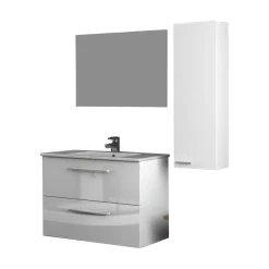Set Mobili Bagno Bianco Lucido Specchio Incluso 2 Cassetti, un Ripiano - Possagno