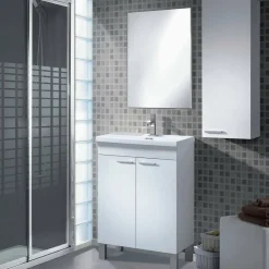 Set Mobili Bagno Bianco Lucido Specchio Incluso 2 Ripiani, 3 Ante - Fenile