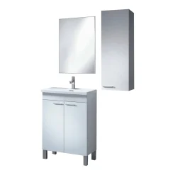 Set Mobili Bagno Bianco Lucido Specchio Incluso 2 Ripiani, 3 Ante - Fenile