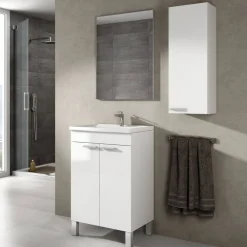 Set Mobili Bagno Bianco Lucido Specchio Incluso 2 Ripiani, 3 Ante - Fenile