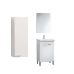Set Mobili Bagno Bianco Lucido Specchio Incluso 2 Ripiani, 3 Ante - Fenile