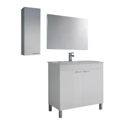 Set Mobili Bagno Bianco Lucido Specchio Incluso 2 Ripiani, 3 Ante - Suvereto