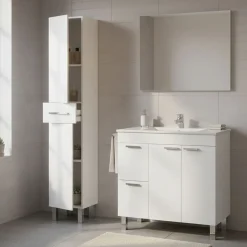 Set Mobili Bagno Bianco Lucido Specchio Incluso 3 Cassetti, 3 Ripiani - Lomello