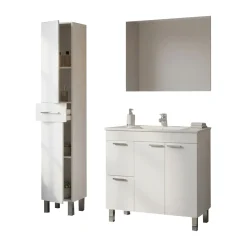 Set Mobili Bagno Bianco Lucido Specchio Incluso 3 Cassetti, 3 Ripiani - Lomello