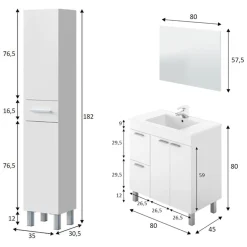 Set Mobili Bagno Bianco Lucido Specchio Incluso 3 Cassetti, 3 Ripiani - Lomello