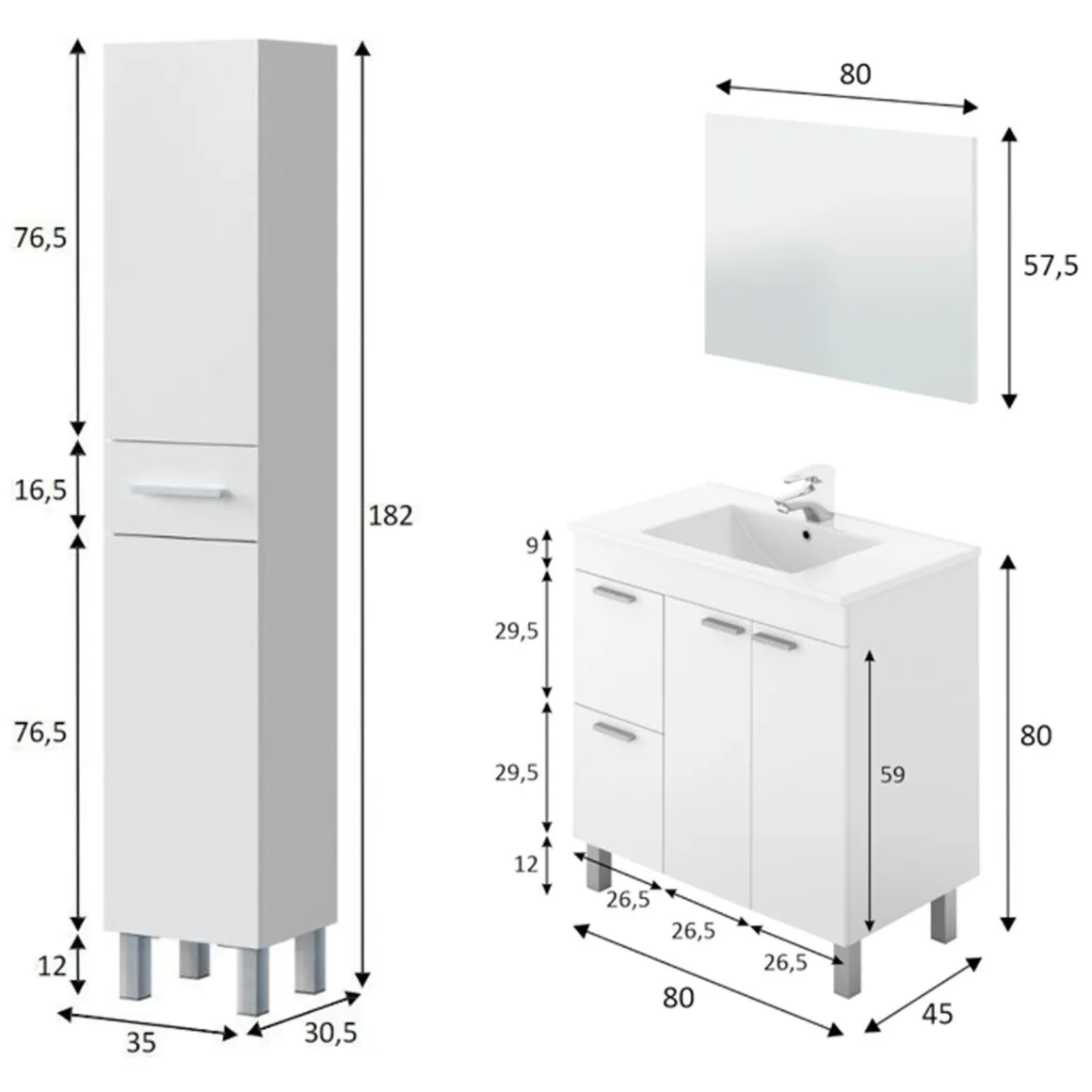 Set Mobili Bagno Bianco Lucido Specchio Incluso 3 Cassetti, 3 Ripiani - Lomello