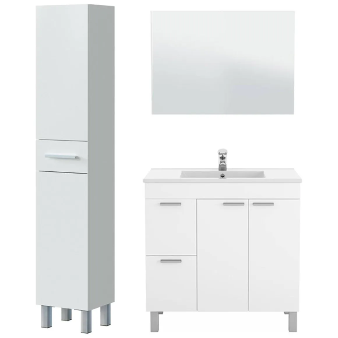 Set Mobili Bagno Bianco Lucido Specchio Incluso 3 Cassetti, 3 Ripiani - Lomello