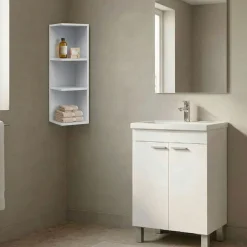 Set Mobili Bagno Bianco Lucido Specchio Incluso 3 Ripiani, 2 Ante - Furtei