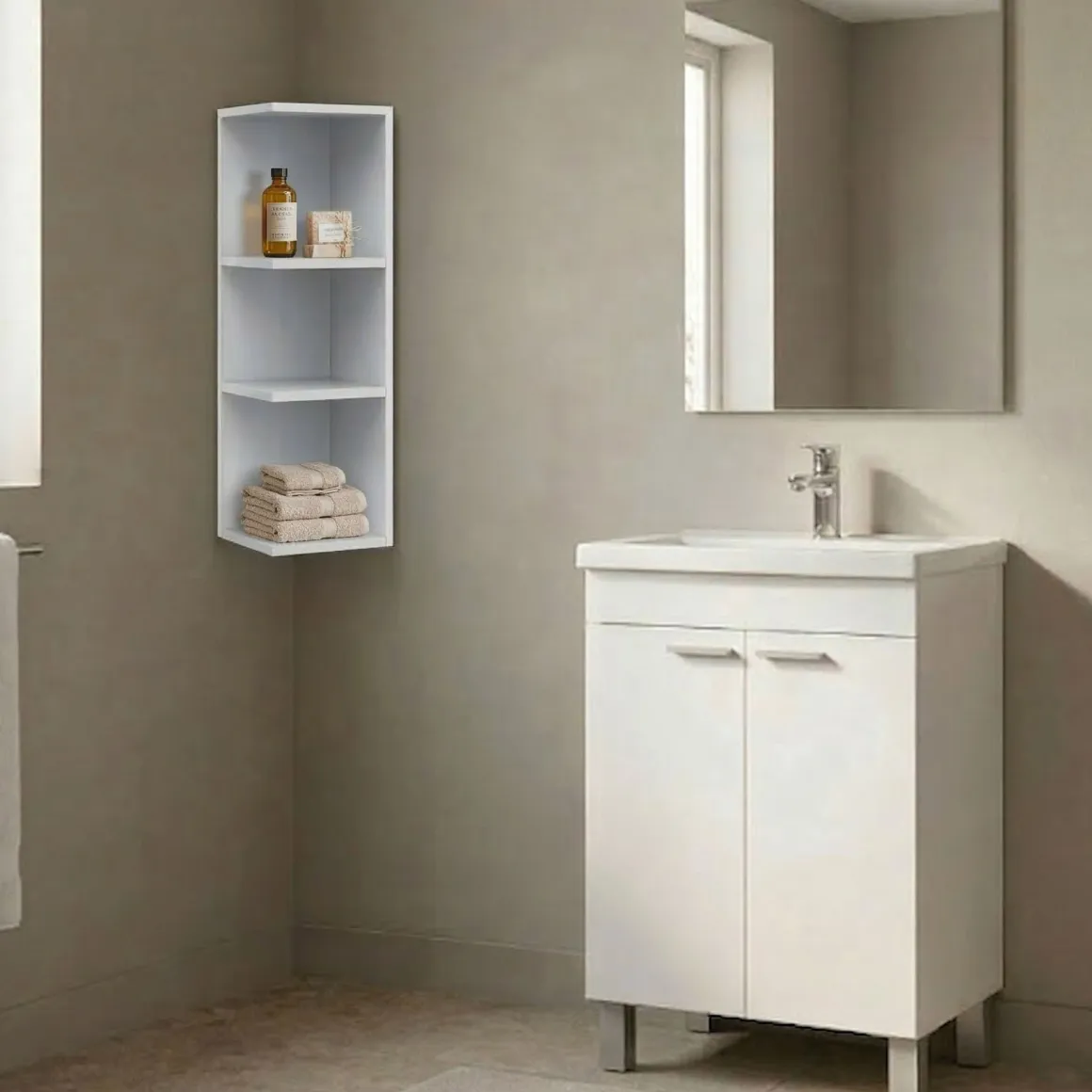 Mobili Sottolavabo > Dmora Set Mobili Bagno Specchio Incluso 3 Ripiani, 2 Ante - Sorrento Bianco Lucido