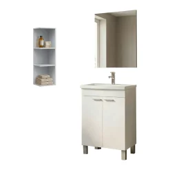 Set Mobili Bagno Bianco Lucido Specchio Incluso 3 Ripiani, 2 Ante - Furtei