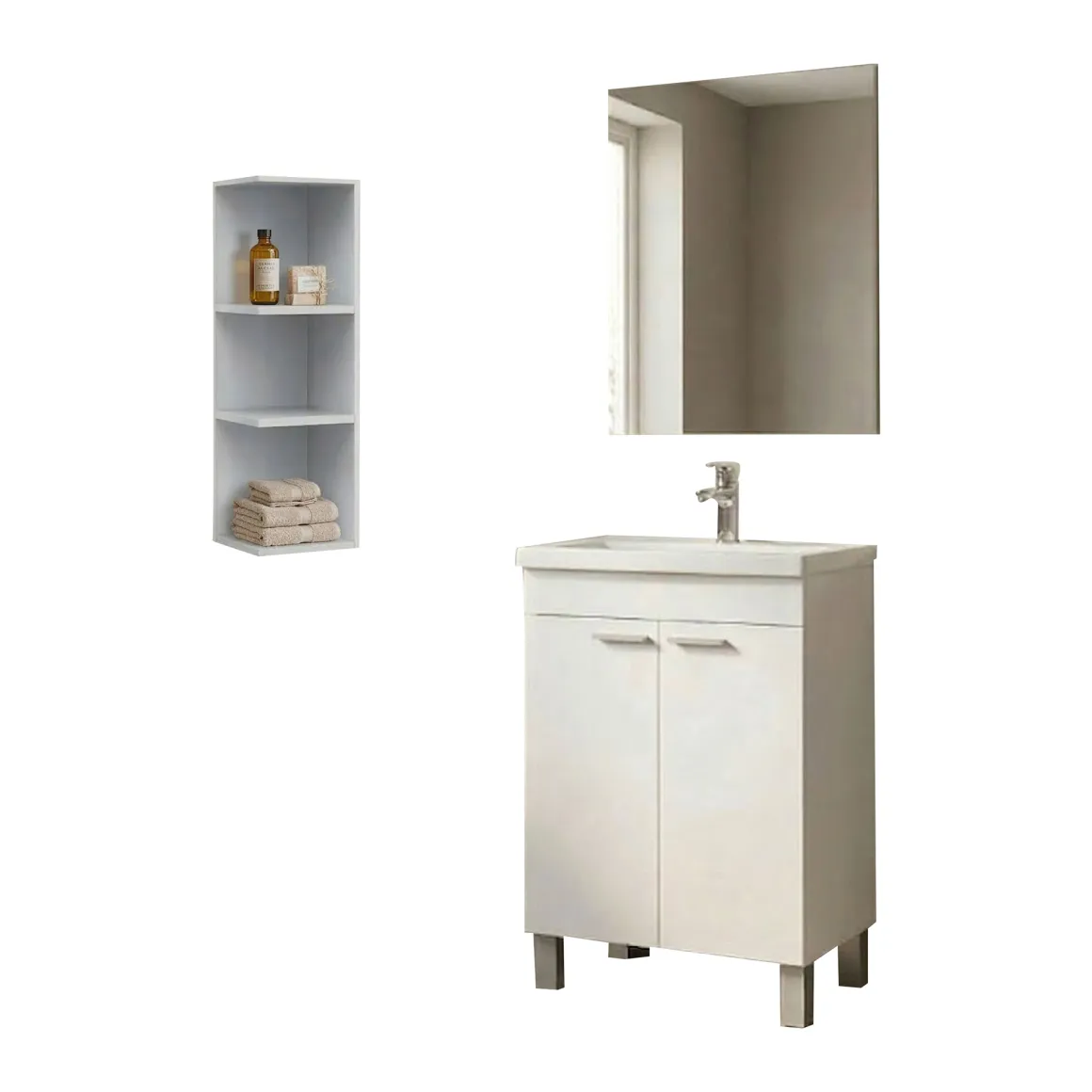Mobili Sottolavabo > Dmora Set Mobili Bagno Specchio Incluso 3 Ripiani, 2 Ante - Sorrento Bianco Lucido