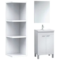 Mobili Sottolavabo > Dmora Set Mobili Bagno Specchio Incluso 3 Ripiani, 2 Ante - Sorrento Bianco Lucido