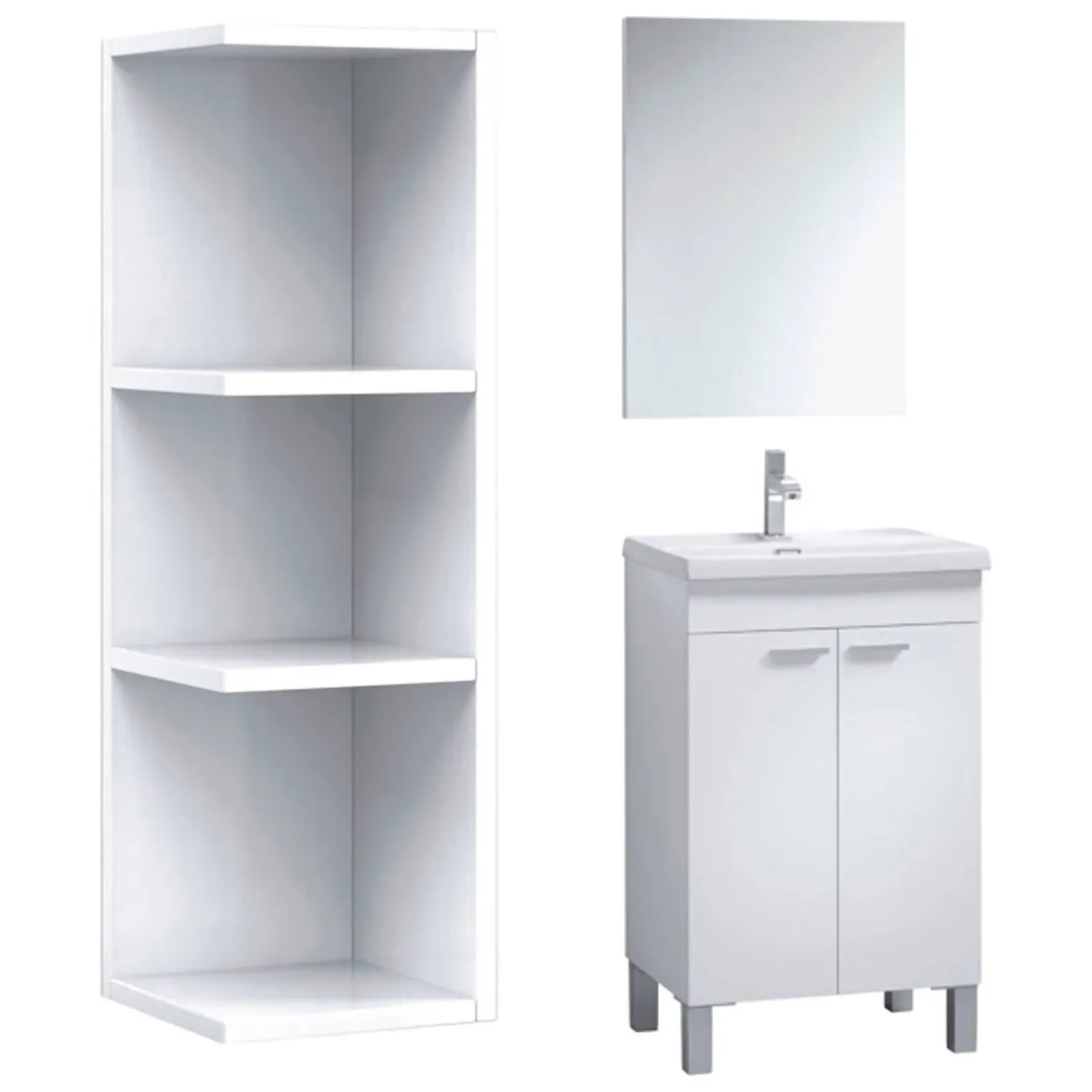 Mobili Sottolavabo > Dmora Set Mobili Bagno Specchio Incluso 3 Ripiani, 2 Ante - Sorrento Bianco Lucido