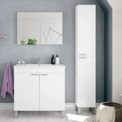 Set Mobili Bagno Bianco Lucido Specchio Incluso 3 Ripiani, 4 Ante - Varzo