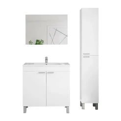 Set Mobili Bagno Bianco Lucido Specchio Incluso 3 Ripiani, 4 Ante - Varzo
