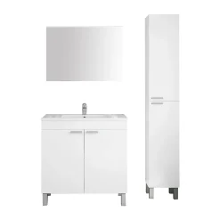 Set Mobili Bagno Bianco Lucido Specchio Incluso 3 Ripiani, 4 Ante - Varzo