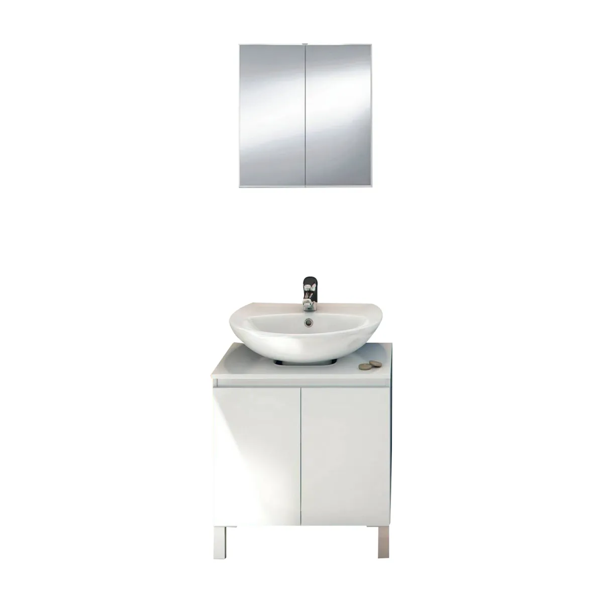Mobili Sottolavabo > Dmora Set Mobili Bagno Specchio Incluso 3 Ripiani, 4 Ante - Vobbia Bianco Lucido
