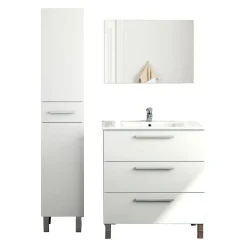 Mobili Sottolavabo > Dmora Set Mobili Bagno Specchio Incluso 4 Cassetti, 2 Ripiani - Florinas Bianco Lucido