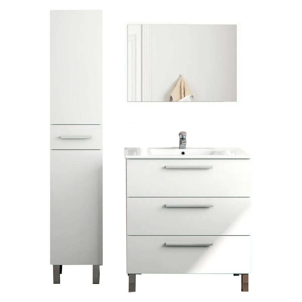 Mobili Sottolavabo > Dmora Set Mobili Bagno Specchio Incluso 4 Cassetti, 2 Ripiani - Florinas Bianco Lucido