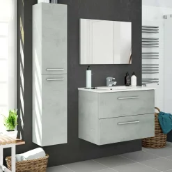 Set Mobili Bagno Grigio Cemento Specchio Incluso 2 Cassetti, 2 Ripiani - Ricadi