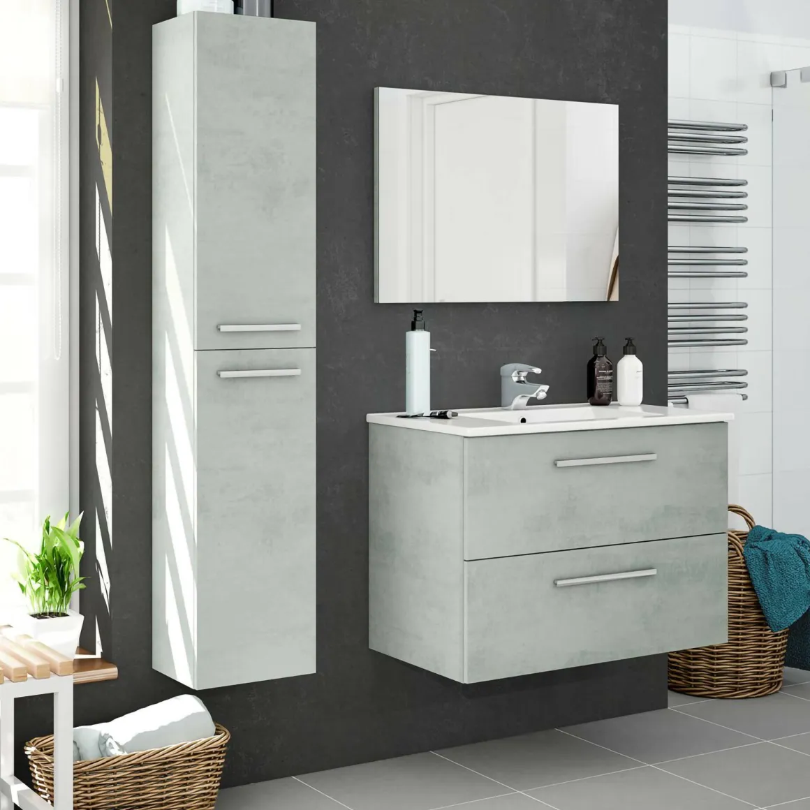 Set Mobili Bagno Grigio Cemento Specchio Incluso 2 Cassetti, 2 Ripiani - Ricadi