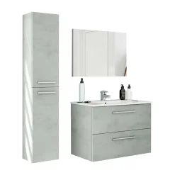 Set Mobili Bagno Grigio Cemento Specchio Incluso 2 Cassetti, 2 Ripiani - Ricadi